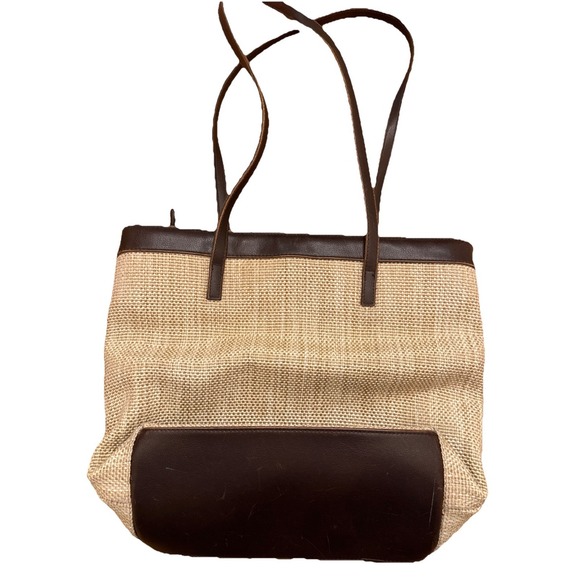 VTG Liz Claiborne Med Straw Handbag Shoulder Bag Purse Faux Leather Trim Clean - Picture 2 of 8